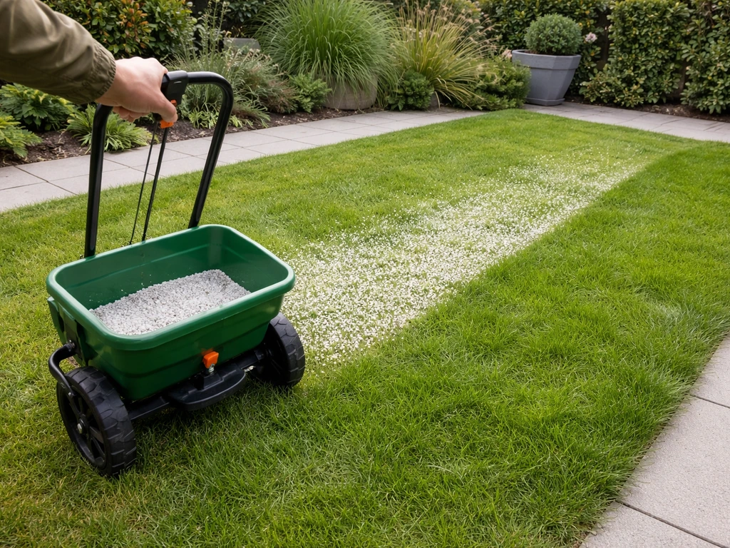 Gazonstrïooier met kalk in één helft en daarna een tweede strooibeurt met mest, in een eenvoudige tuin op gras