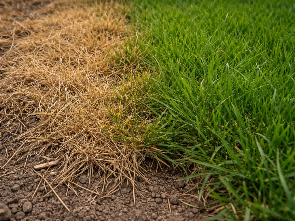 Close-up van een gazon met verdroogd bruin gras naast een klein stukje groen gras.