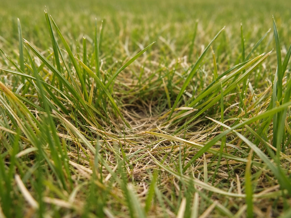 Close-up van gras dat na een voetdruk weer veerkrachtig rechtop veren gaat, tijdelijk verdroogd gras.