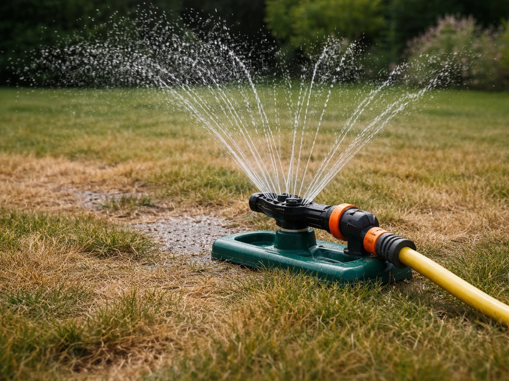 Tuinsproeier op een droog gazon met ongelijk besproeide, dorre plekken rondom.
