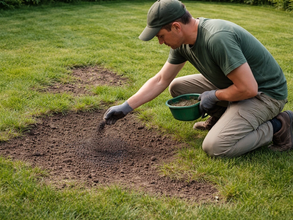 Tuinier zaait graszaad in op kale plekken, met zichtbare losse bovenlaag in het gazon.