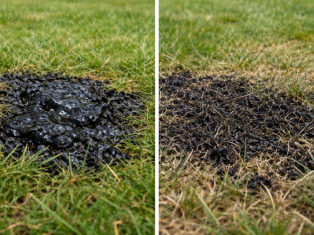 Twee delen van een gazon: links slijmerige zwarte algen, rechts donker verkleurde maar minder aangetaste grassprieten.