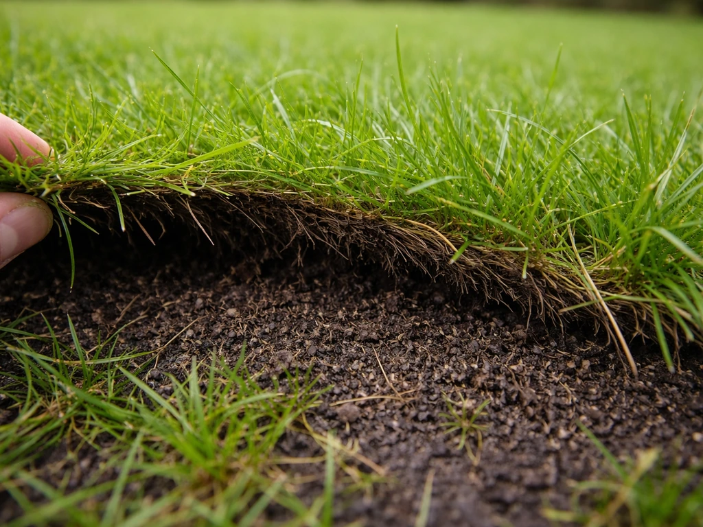 Close-up van een grasmat waarbij een deel vilt/verdichte dode laag is gelicht tussen het levende gras.
