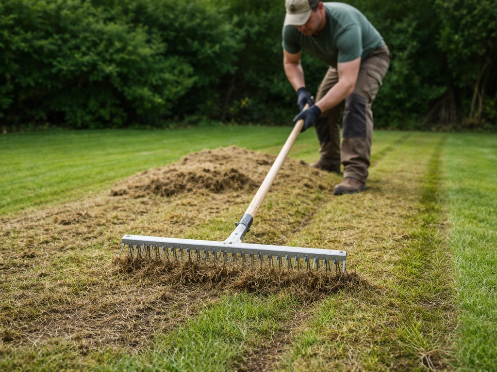 Tuinier die een verticuteerhark over een gazon trekt, met loskomend vilt en vrijgemaakte stroken gras.
