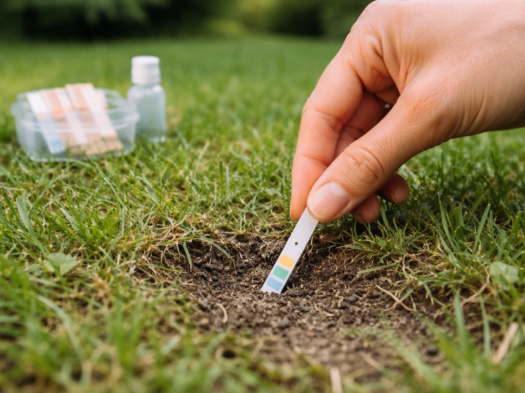 Hand plaatst een pH-teststrip tegen de bodem bij een gazon voor pH-meting.
