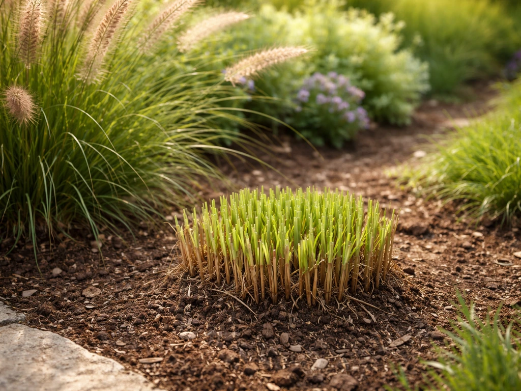 Lampenpoetsersgras in een tuinborder, net teruggesnoeid tot 10–15 cm met nieuwe groene groei zichtbaar.