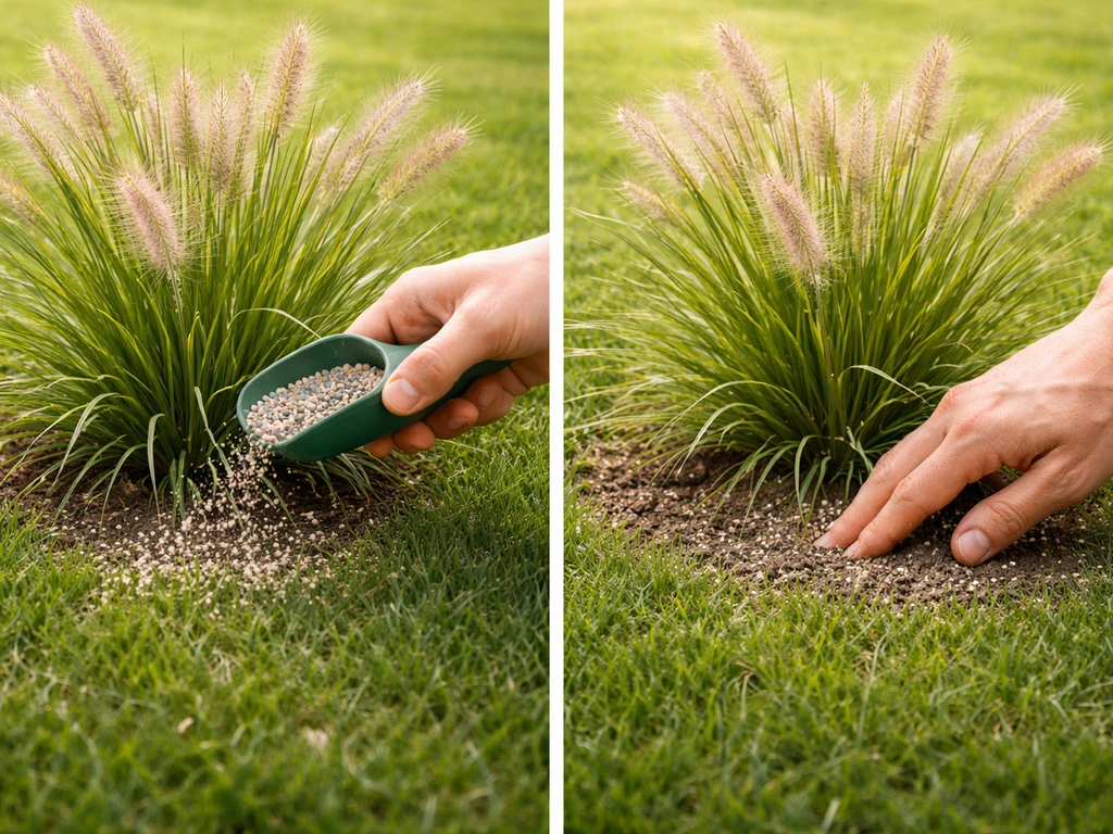 Close-up van lampenpoetsersgras met een hand die korrelmeststof in het voorjaar uitstrooit en licht inwerkt.