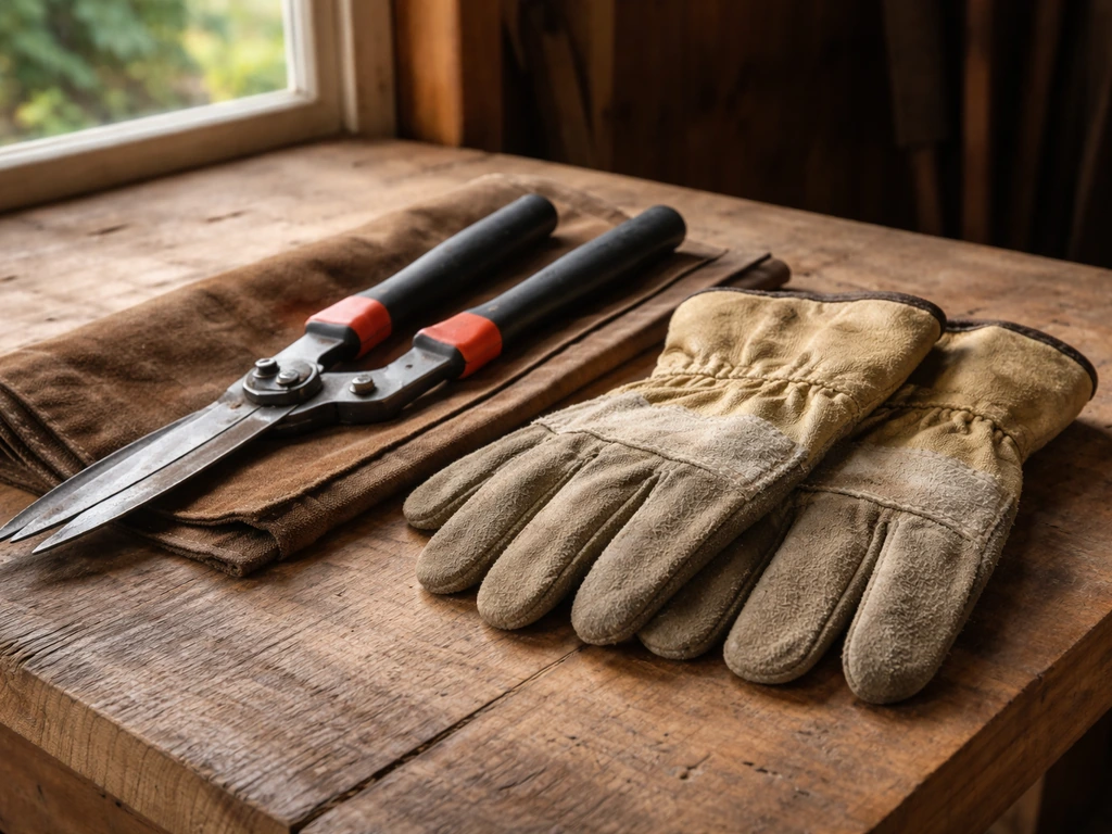 Open handschoenen en een scherpe snoeischaar op een houten werkbank, met aandacht voor veiligheid.