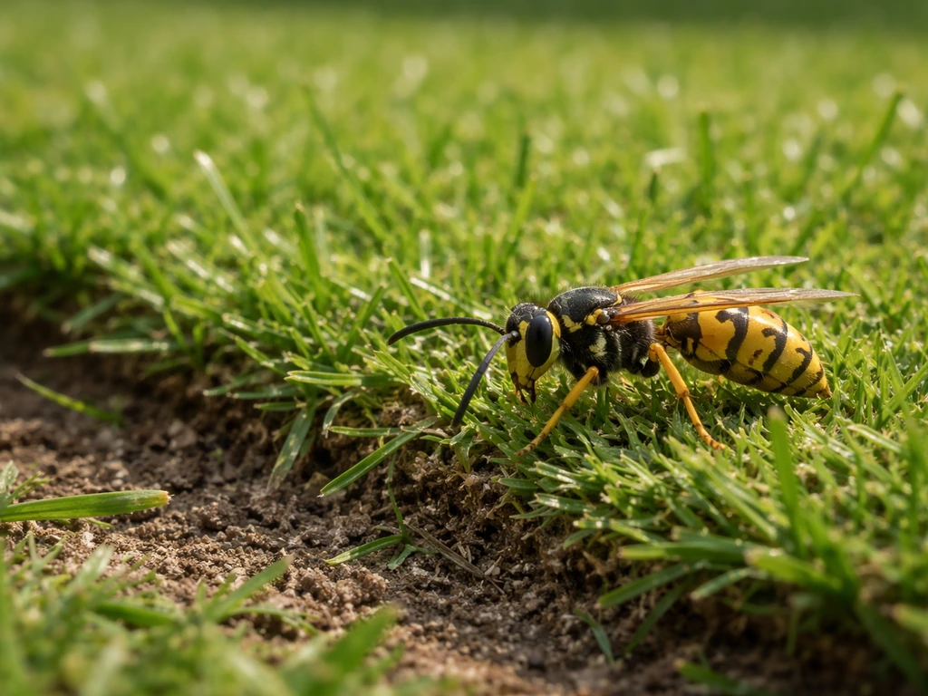 Wesp boven gemaaid gazon, met zichtbare rand waar mogelijk iets onder of naast het gras zit