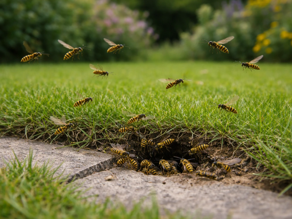 Tientallen wespen vliegen tegelijk in- en uit bij één concentratiepunt in het gazon, op afstand gefotografeerd.