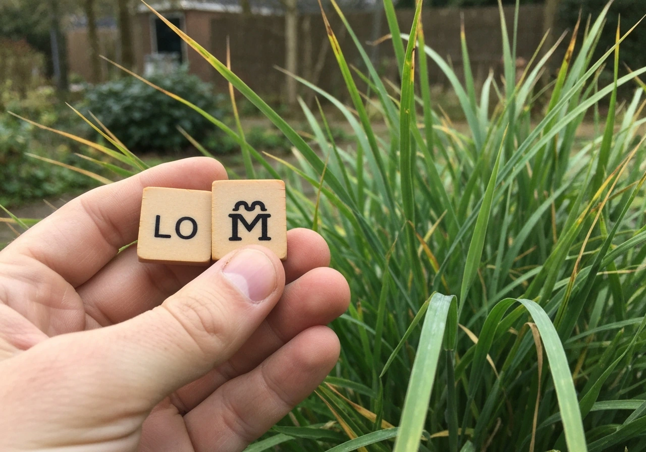 Close-up van groen gras met een kleine graskam en een houten puzzelletterblokje, 8-letter thema