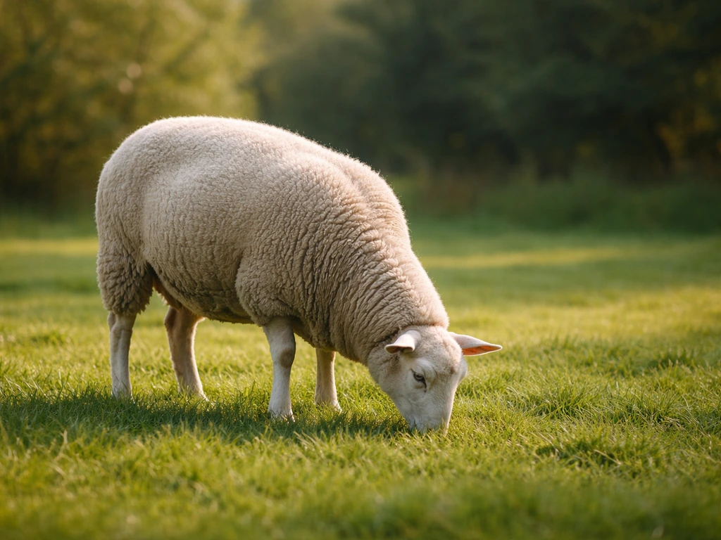 Een schaap dat rustig graast op een groen grasveld, bij daglicht, minimalistisch en fotorealistisch.