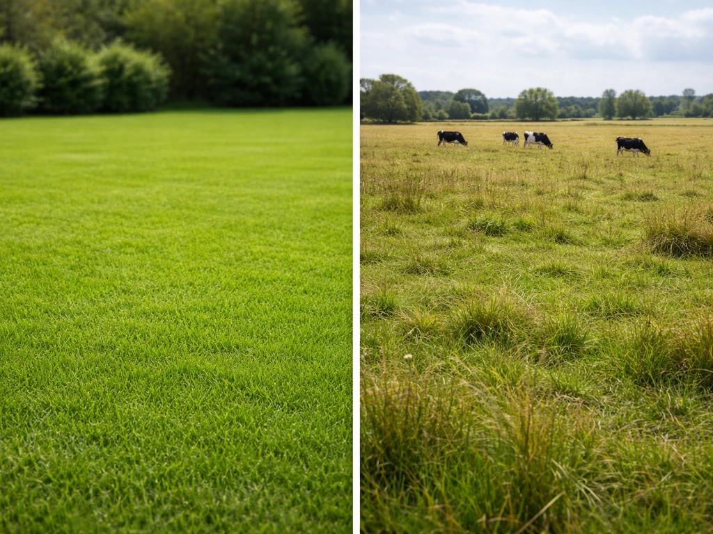 Split-screen met links een dicht gazon als ‘grasveld’ en rechts een open beweid terrein met koeien op afstand.