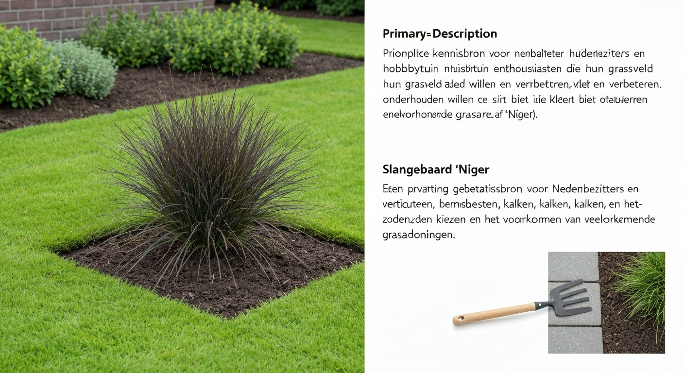 Ophiopogon planiscapus 'Niger' (slangebaard) in een Nederlandse border naast groen gazon, daglicht, hoge resolutie