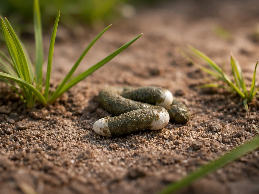 Close-up van grasparkiet-uitwerpselen en grasplukken op de grond, met focus op vorm en kleurverschil.