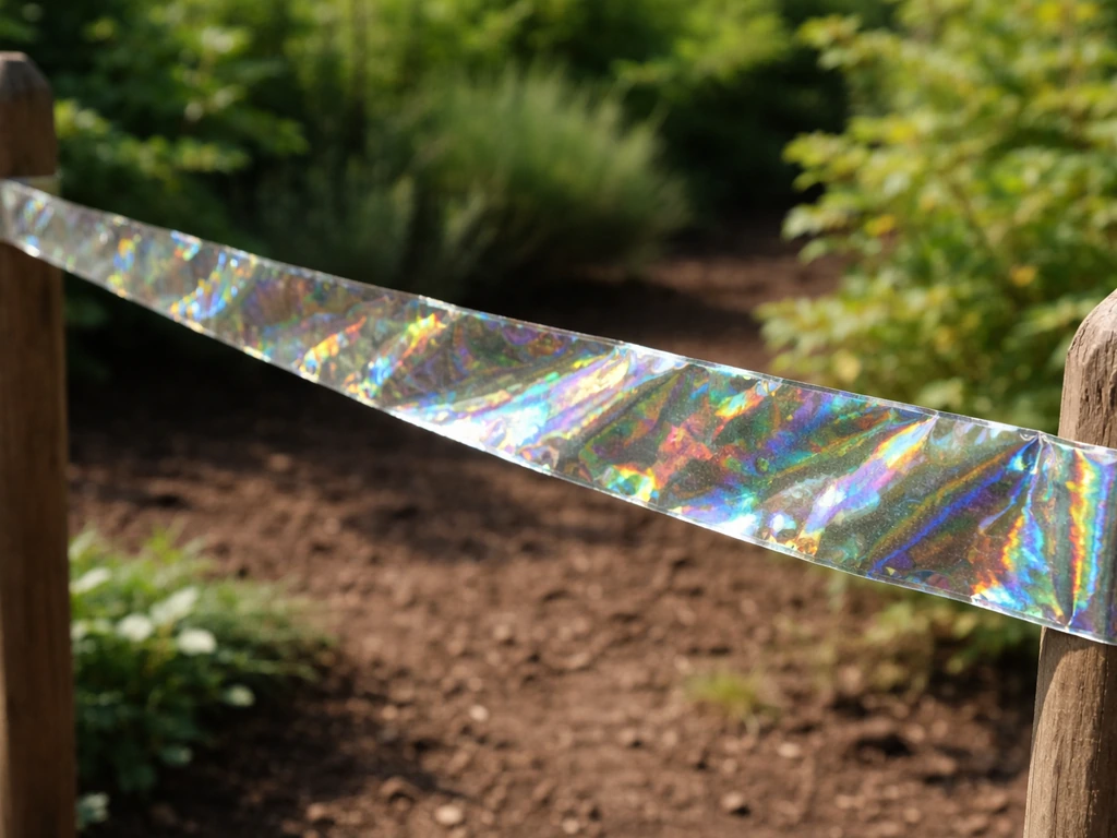 Strak gespannen reflecterend vogelwerend lint tussen tuinpunten in de buitenruimte, met natuurlijk licht.