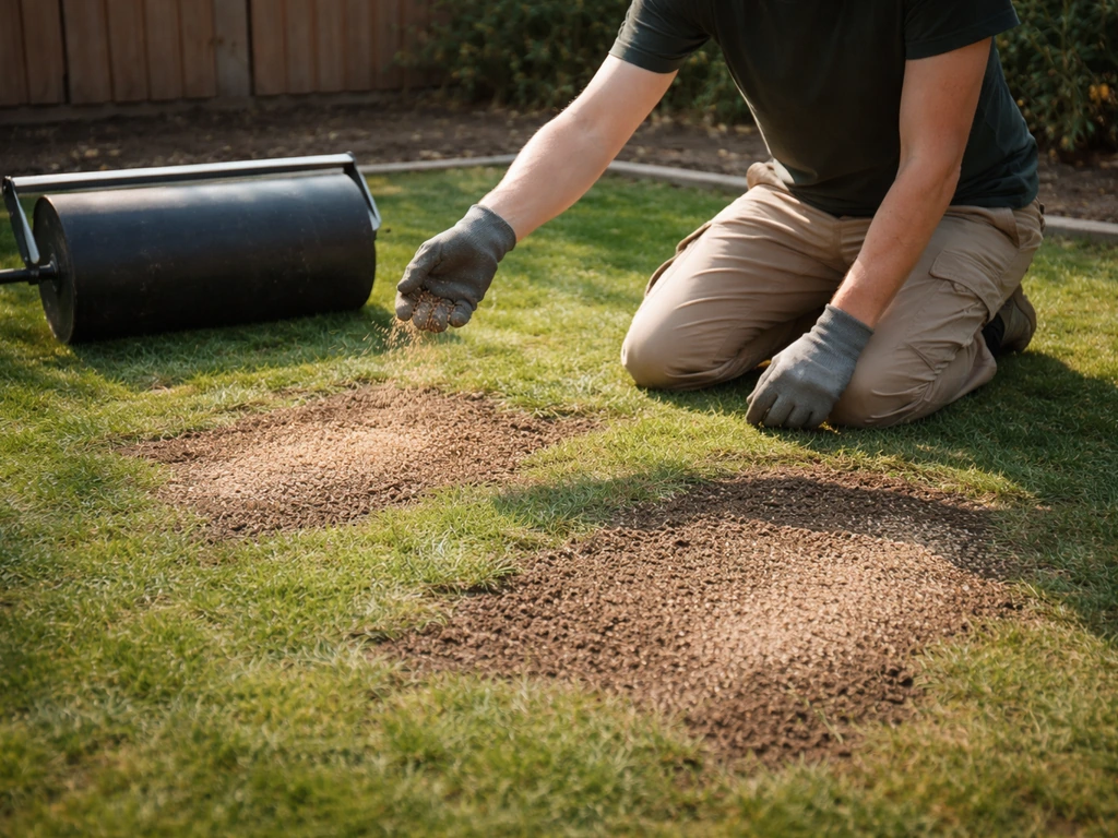 Tuinier die kale plekken bijzaait, zaad licht aandrukt met een handroller en daarna bemesting strooit.