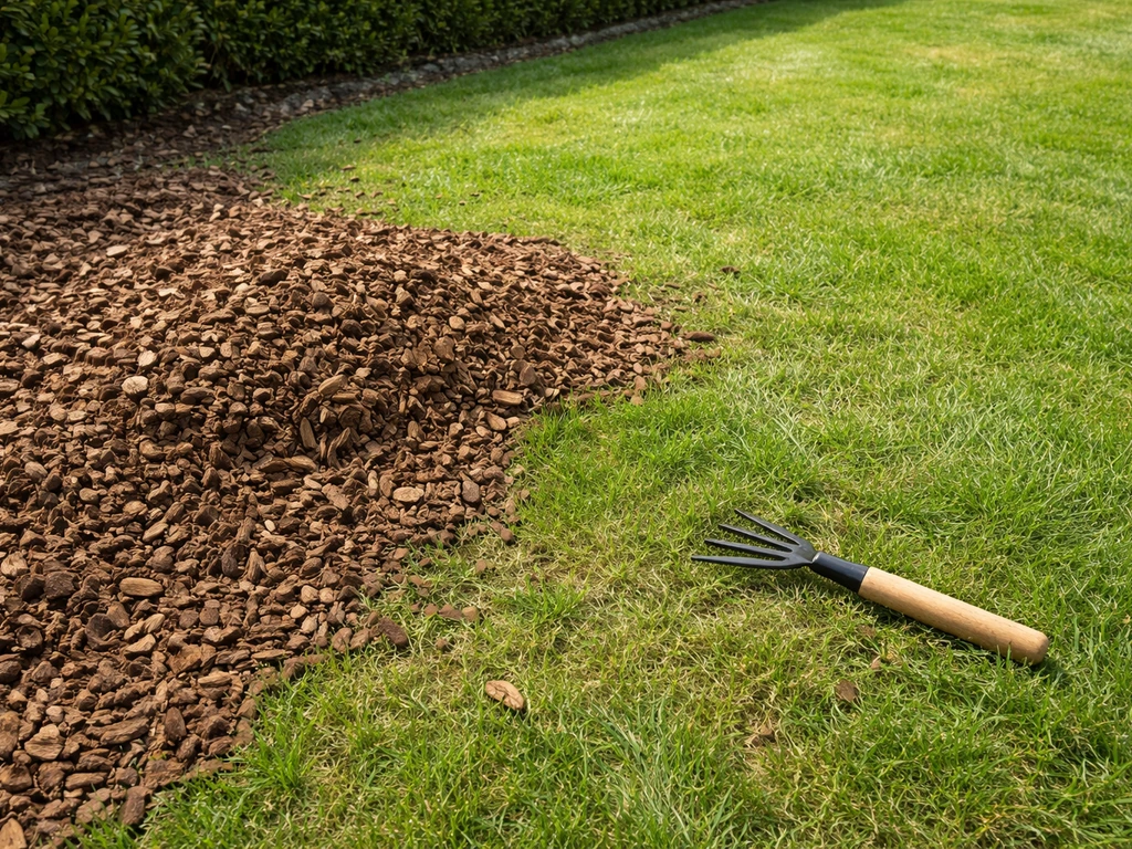 Gazon met lokaal boomschors dat het gras bedekt, met een vrij te maken en hersteldeel zichtbaar.