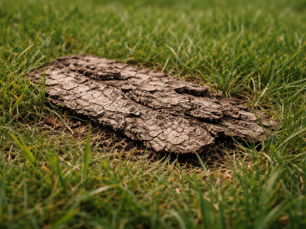 Close-up van boomschors op een gazon, met minder groene grassprieten eronder.
