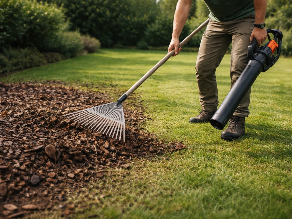 Tuinasier in actie met brede hark en bladblazer die boomschors verwijdert; groen gras wordt zichtbaar.