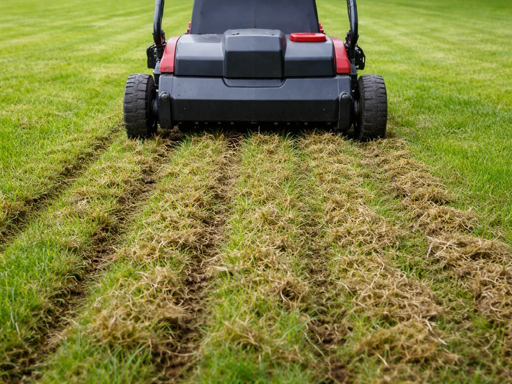 Verticuteermachine die sleuven maakt in een grasveld, waarbij vilt en mosresten zichtbaar loskomen.
