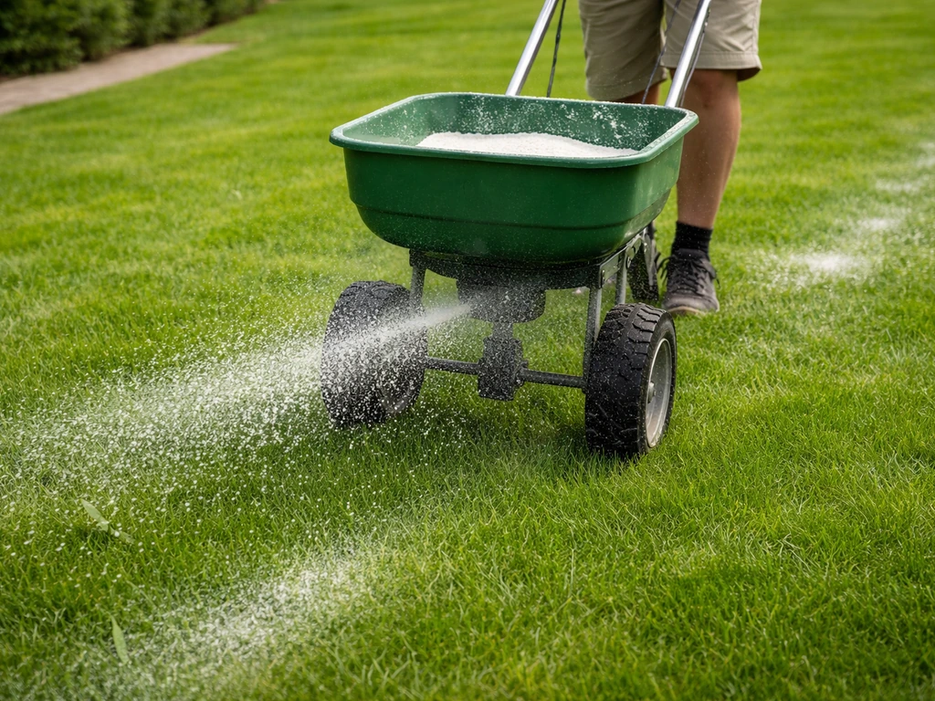 Verzorgd gazon waar kalk net wordt gestrooid met een strooier over het gras