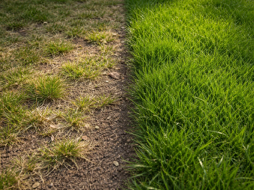 Links geel en dun grasveld, rechts groener gras in een tuin—visueel effect van zure bodem.