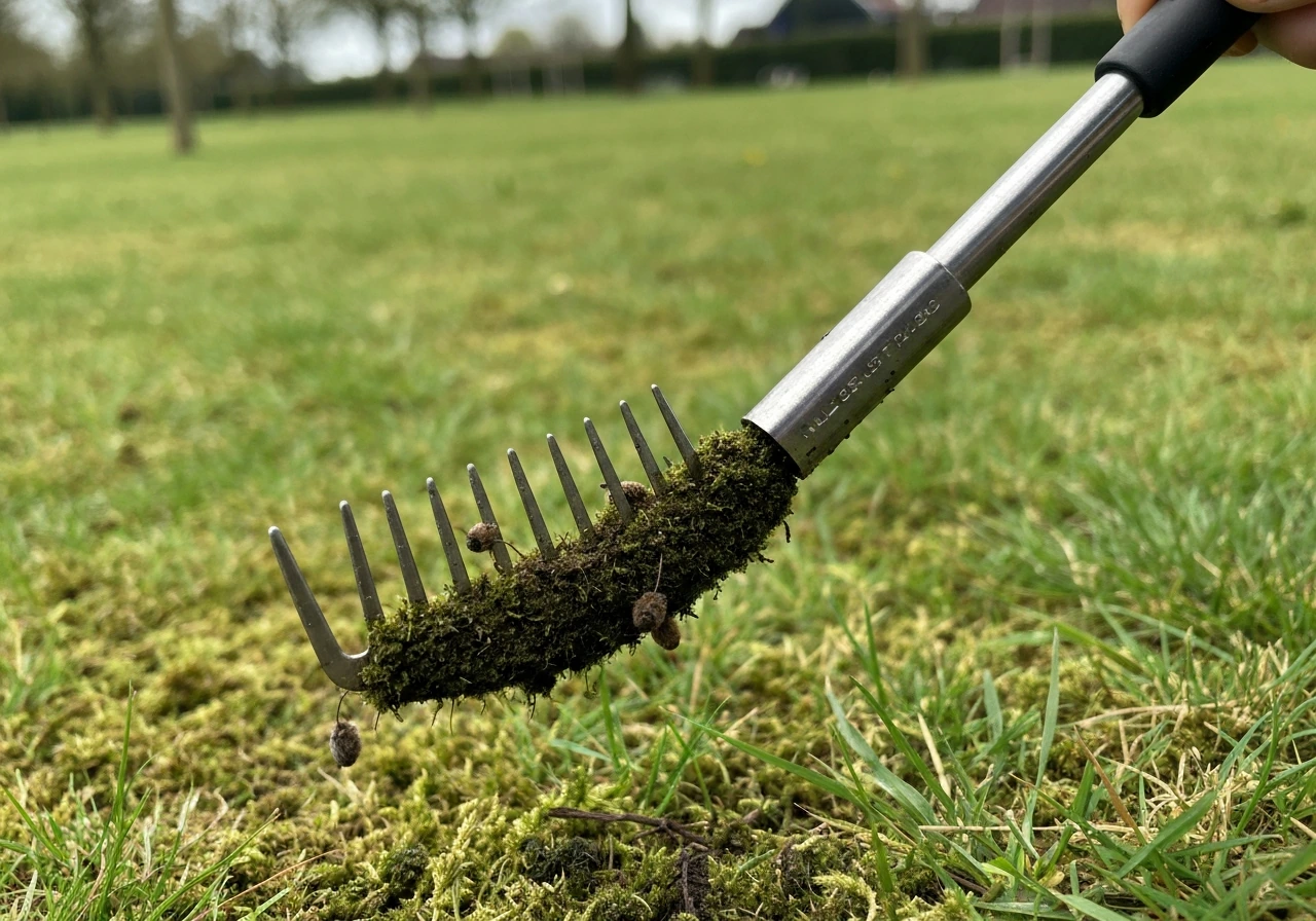 Close-up van een verticuteerhark die mos en vilt los trekt, met zichtbaar vrijgekomen graszode.