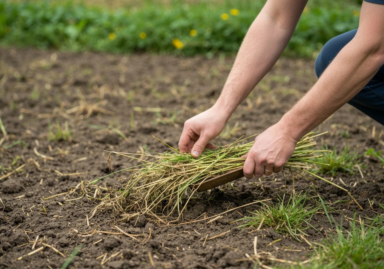 Handen die gazenzaad doorzaaien op kale plekken; losgewoelde aarde in een rustige achtertuin, natuurlijk licht.