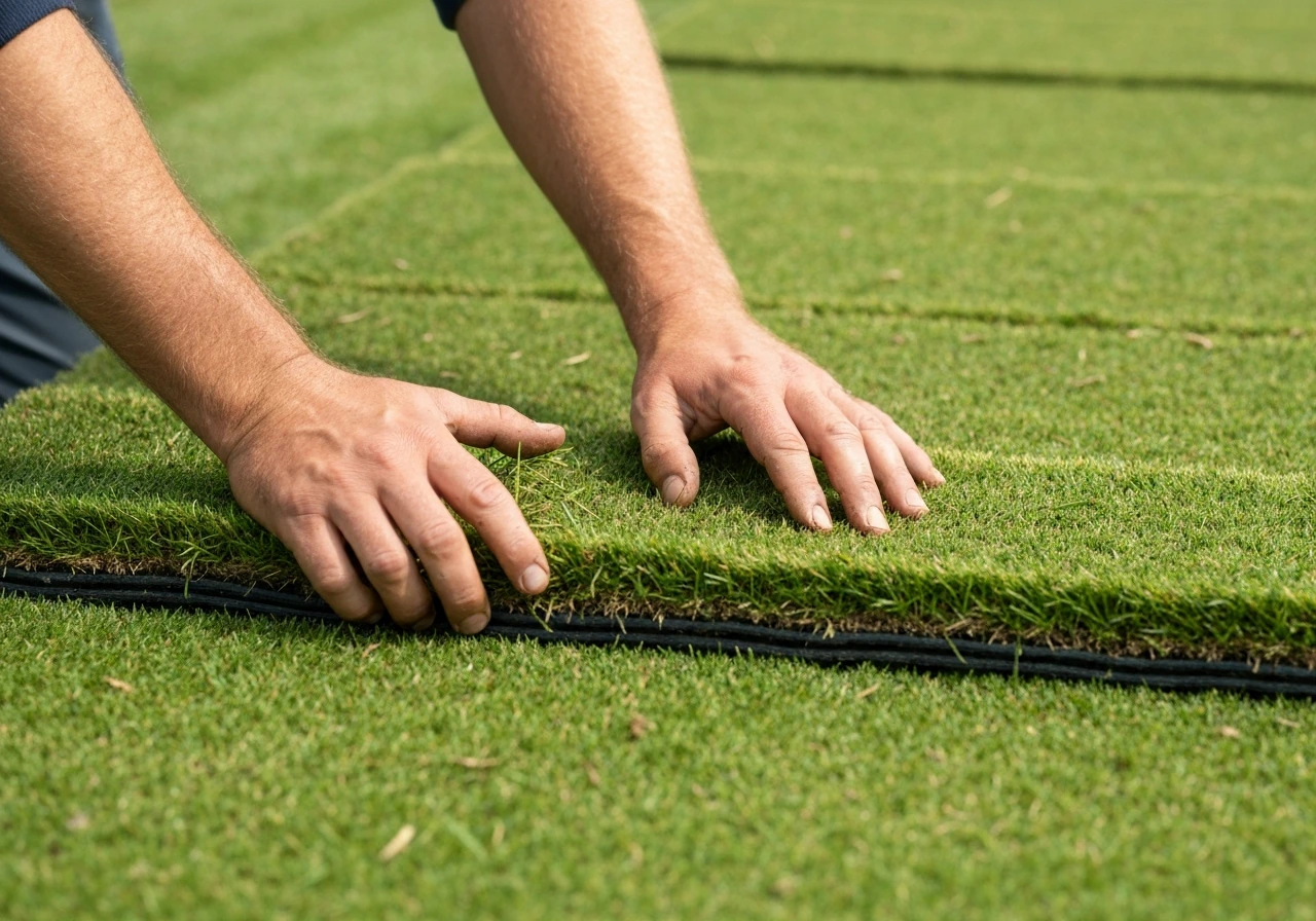 Handen die op maat gesneden graszoden strak naast elkaar leggen op voorbereide tuingrond.