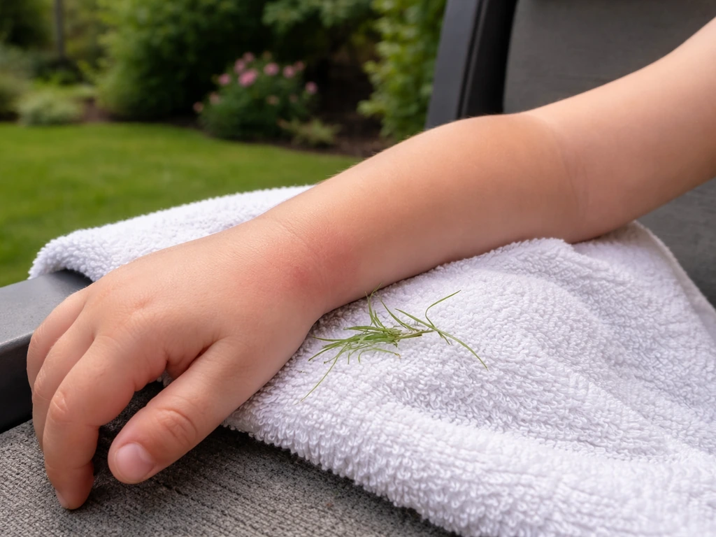 Hand op handdoek met grasvezels in een tuin, met zichtbare huidirritatie na contact met gras