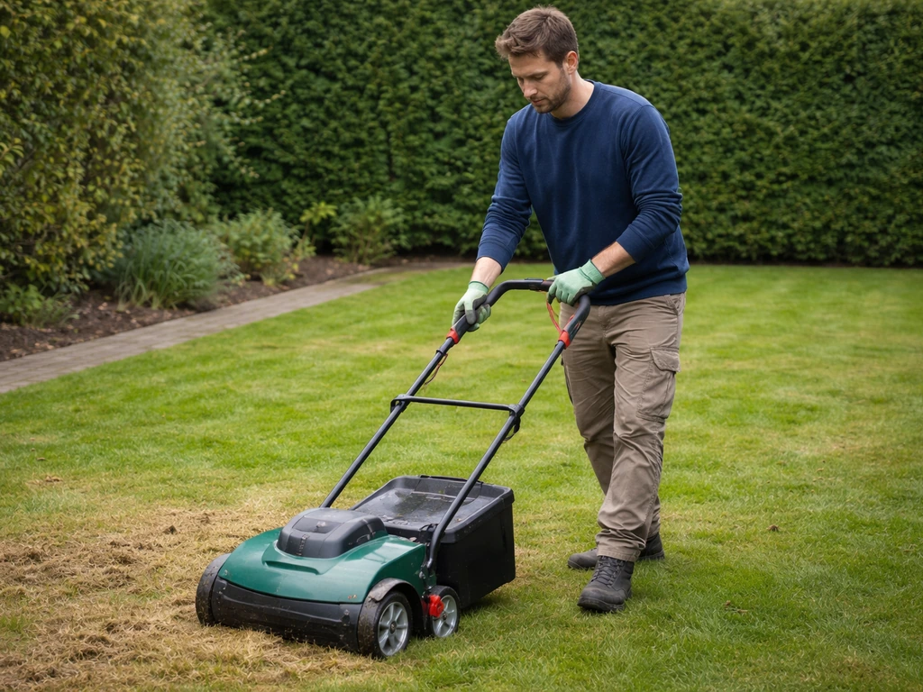 Persoon in lange broek, lange mouwen en tuinhandschoenen die gras maait/verticuteert in een rustige tuin