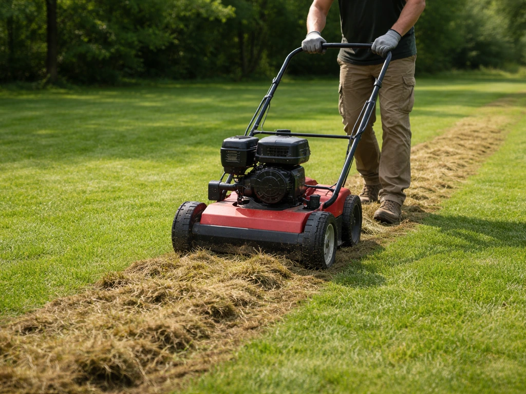 Een persoon rijdt met een verticuteermachine over een grasveld; vilt en kale banen zijn zichtbaar.