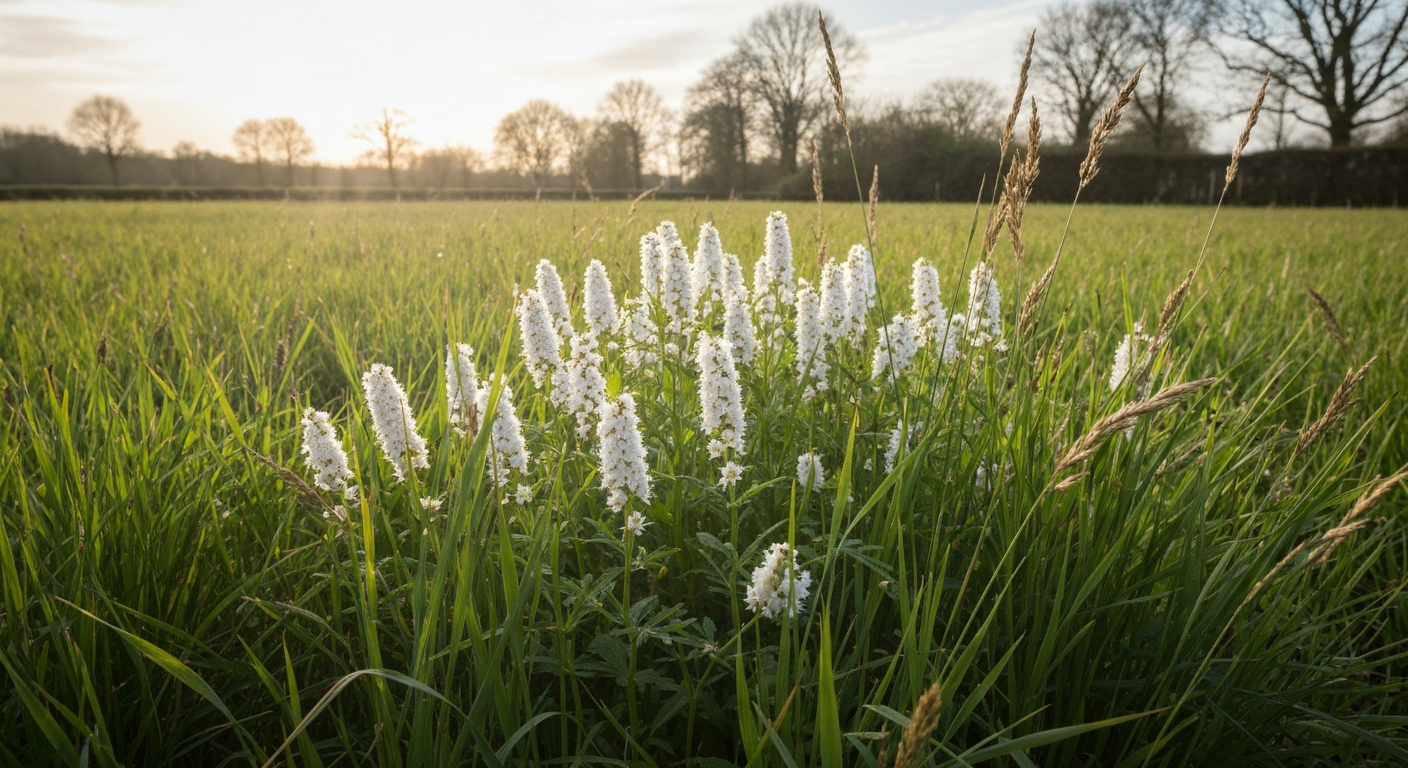 Gazon met onkruid: paardenbloemen, klaver, madeliefjes en mos in een Nederlandse achtertuin.