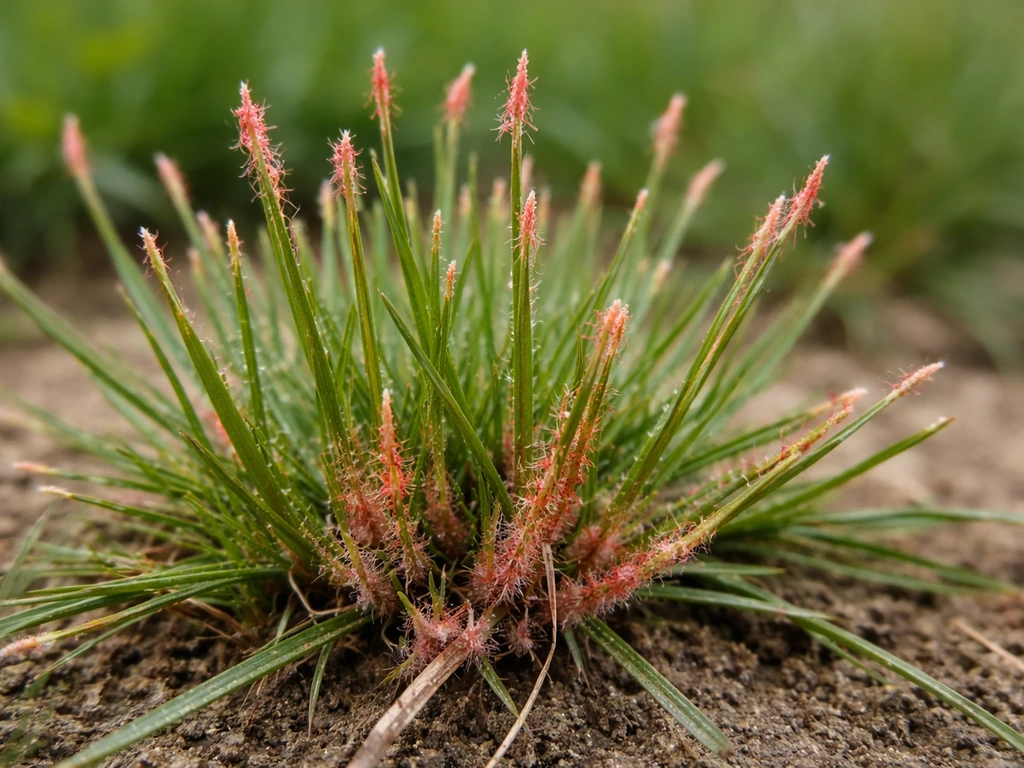 Close-up van gras met rood-koralroze schimmelstructuren op bladschijven en spriettoppen.