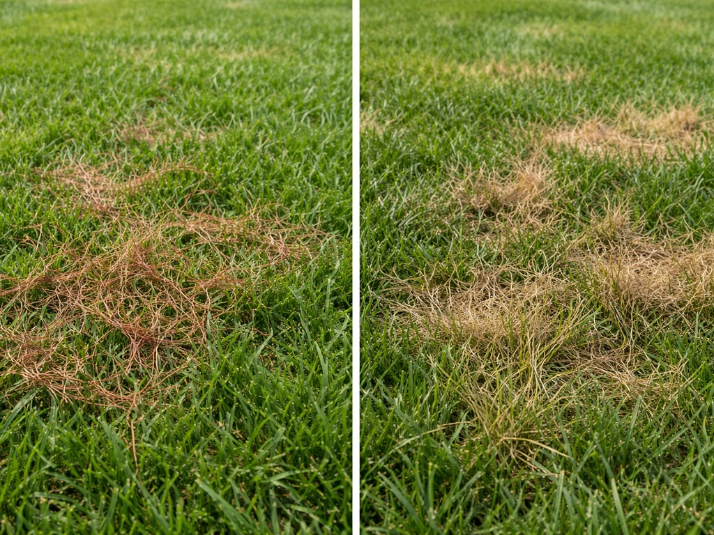 Twee stroken gazon naast elkaar: links rooddraad-achtig rood, rechts bruine droge vlekken.