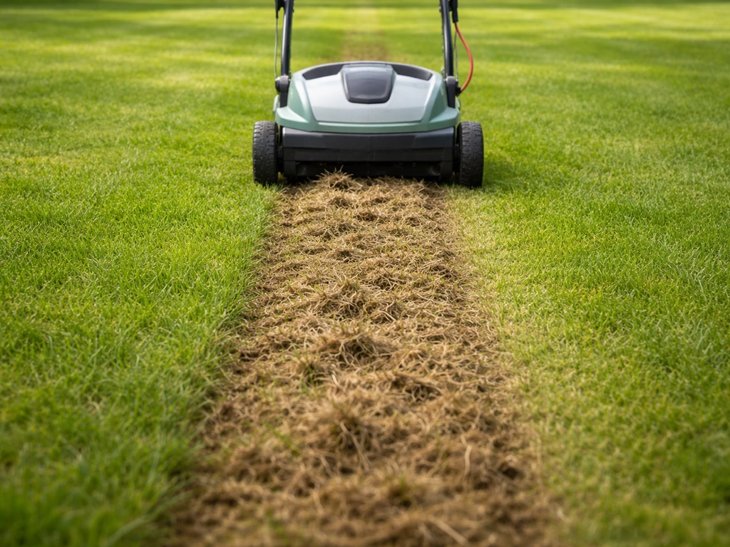 Verticuteermachine die over een gazonstrook gaat, viltlaag wordt losgetrokken, vroeg in de ochtend bij daglicht.