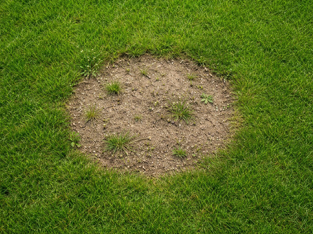 Bovenaanzicht van een gazon met een open onkruidplek die overgaat in dicht, groen gras.