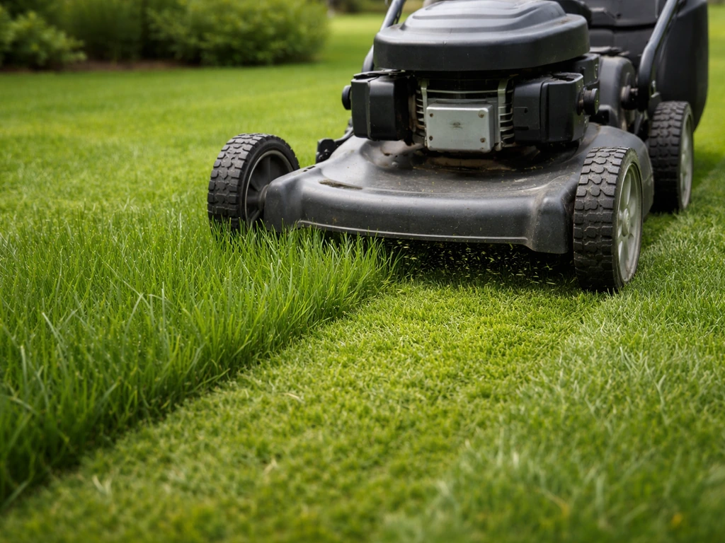 Een grasmaaier maait een groen gazon op ongeveer 4–5 cm, met frisse maaisporen op een rustig erf.