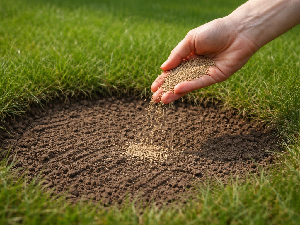Hand strooit graszaad in een kale plek, omliggend groen gazon met lichte inkepingen door hark.