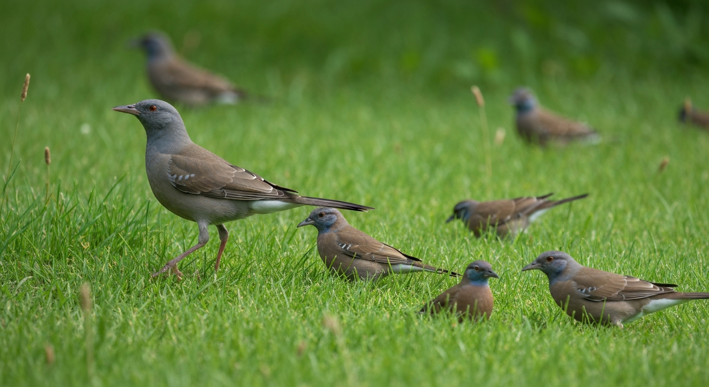 Nederlandse achtertuin in lente: gans graast bij sloot, huismus en vink eten zaadaren in het gazon, merel wroet in gras