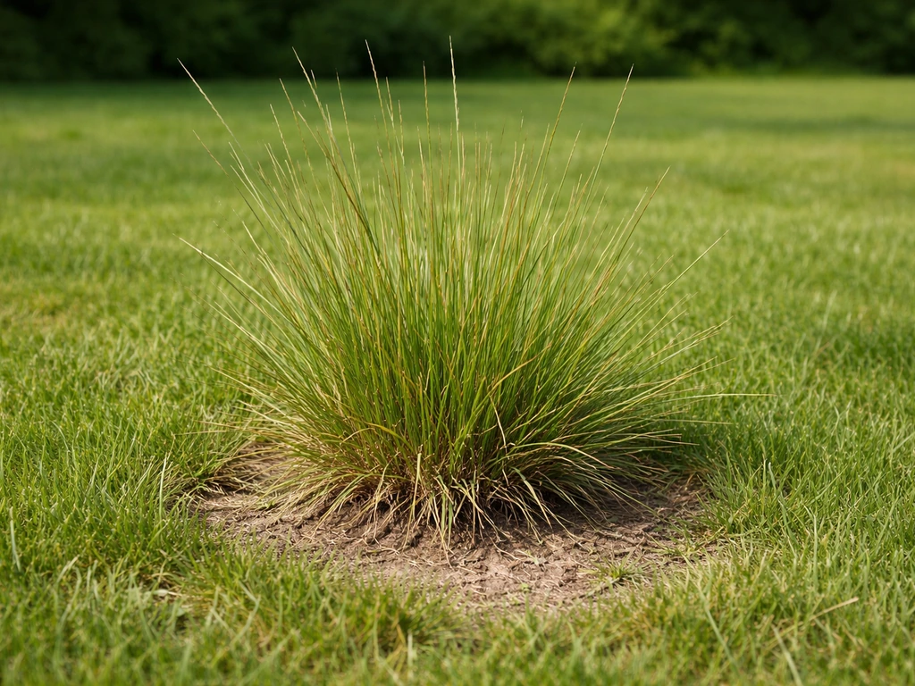Close-up van pijpestrootje gras met duidelijke pollenstructuur in een gazon, met open plek als herkenbaar invasiepunt.