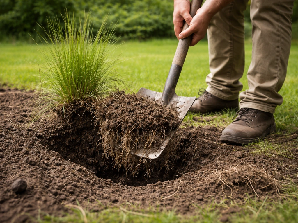 Handmatig pijpestrootje uitgraven: spade en schop in de tuin met zichtbare diepe wortels.