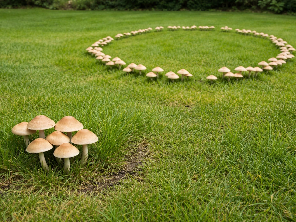 Paddenstoelen in een gazon, met losse plukken en een heksenkring, zichtbaar verschil met het gras eromheen.