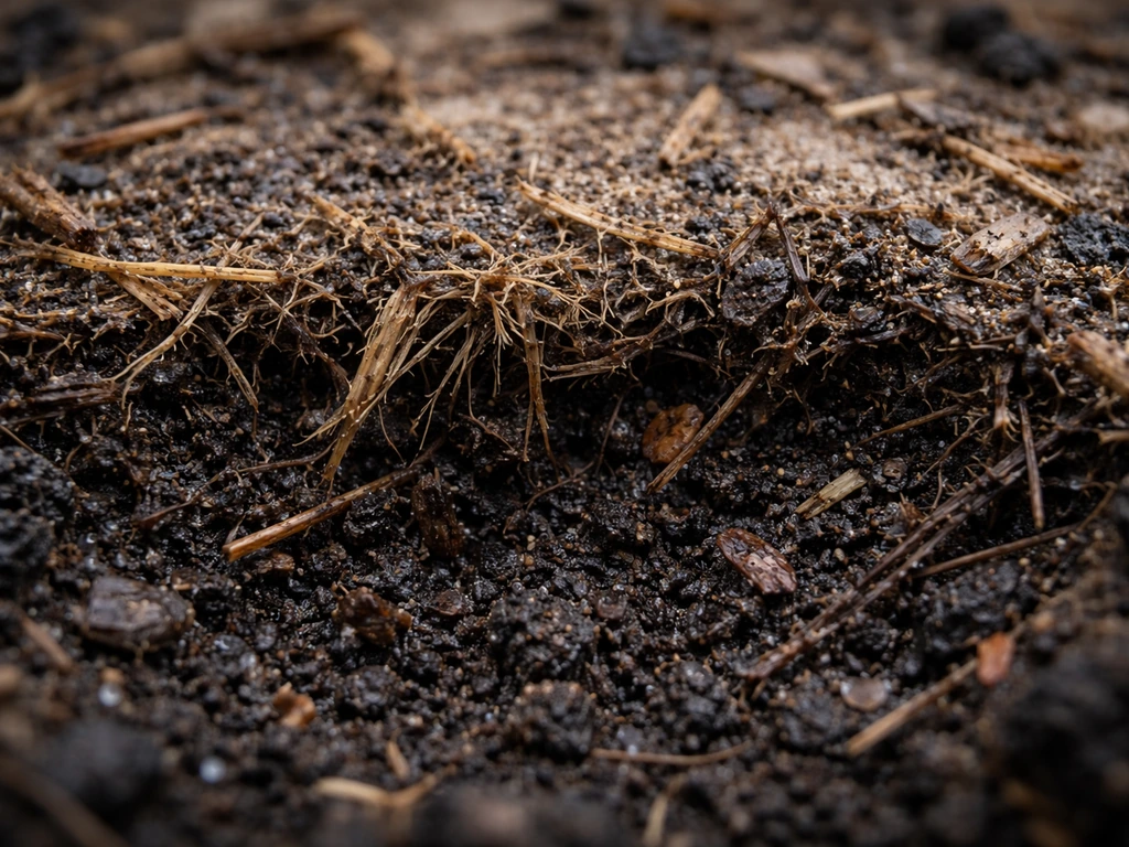 Close-up van organisch materiaal in vochtige tuingrond, met viltige laag en wortelresten als voedselbron voor schimmels.