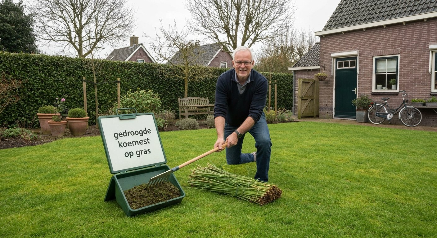 Huiseigenaar (niet herkenbaar) strooit gedroogde koemestkorrels op een Nederlands gazon met een handstrooier; open zak 'gedroogde koemest' en gieter zichtbaar.