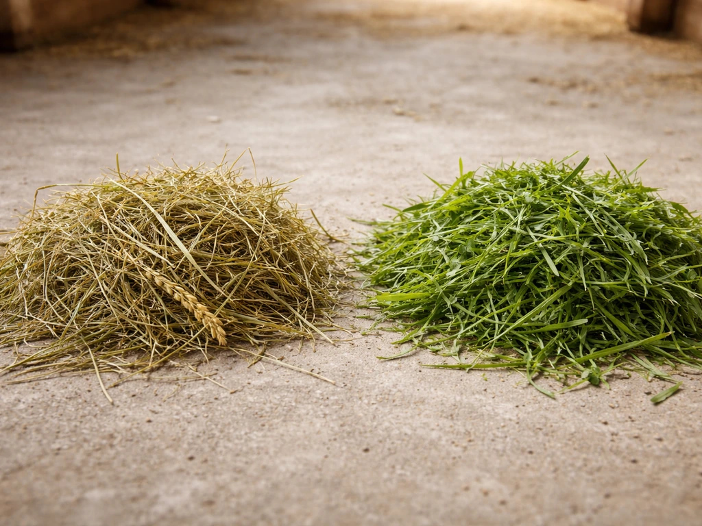 Vergelijking van droog hooi met zaadhalmen naast vers gemaaid gras/maaisel op een stalvloer.