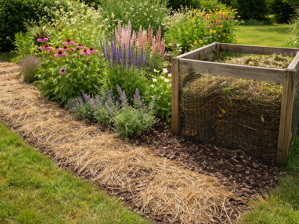 Border met dunne laag hooi/maaisel naast compostbak met tuinafval, duidelijk mulch versus composteren.