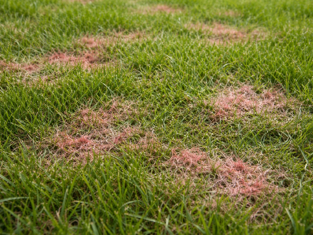 Close-up van roze-roodachtige onregelmatige vlekken op gras, met rooddraadbeeld van schimmel
