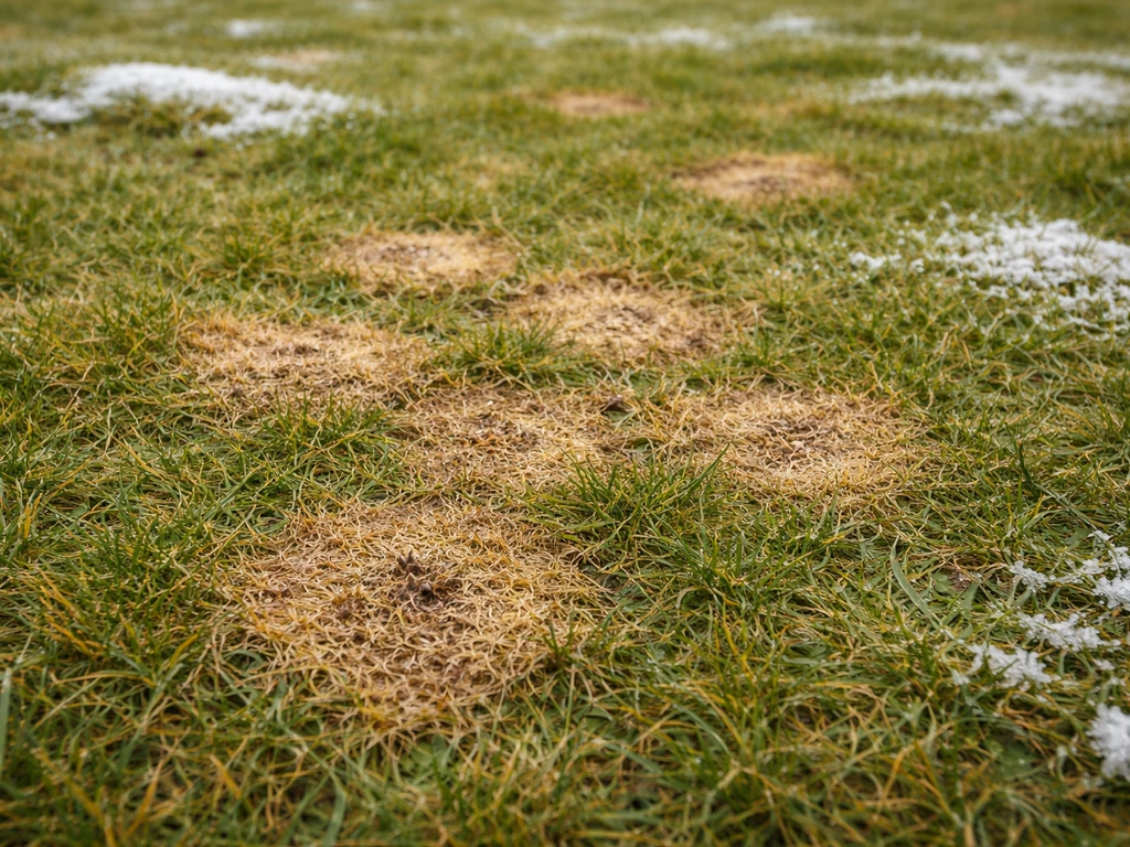 Close-up van gazon met ronde bleekgele tot bruinige schimmelplekken tussen rijp of restjes sneeuw.